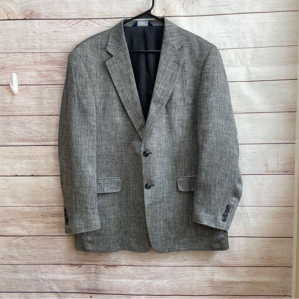 STAFFORD 100% SILK BLAZER IN BLACK AND WHITE HERRINGBONE